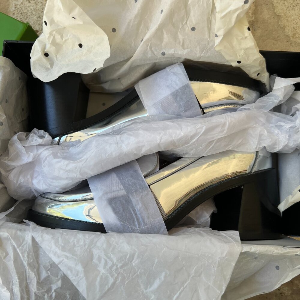 Kate Spade Leandra Heel Loafers Silver Mirror 8 M NEW NWT - Picture 10 of 10